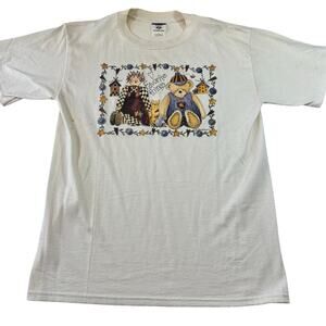 Vintage 90s Teddy Bear Grandma White T-Shirt M, Jerzees, Cottage Cottagecore